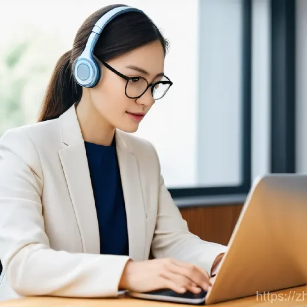 통번역사 통번역 시장 트렌드 - **Prompt: "A professional female translator, in her late 20s to early 30s, is seated at a modern, er...