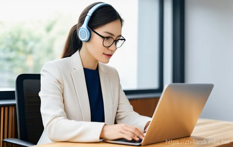 통번역사 통번역 시장 트렌드 - **Prompt: "A professional female translator, in her late 20s to early 30s, is seated at a modern, er...