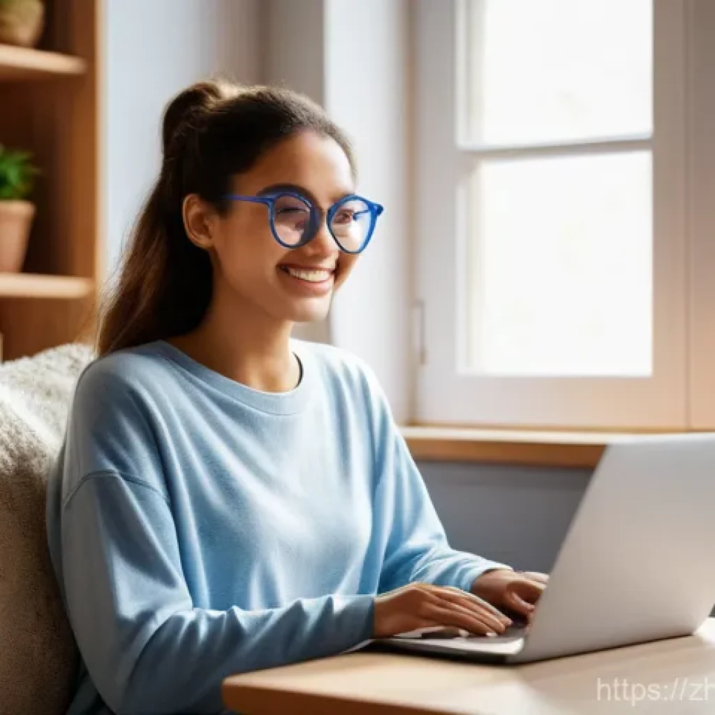 통번역사 프리랜서와 정규직의 차이 - A diligent young woman in her late 20s, with a warm smile, focused on her laptop in a sunlit, cozy h...
