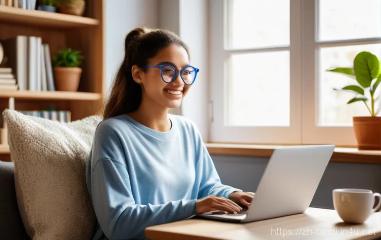 통번역사 프리랜서와 정규직의 차이 - A diligent young woman in her late 20s, with a warm smile, focused on her laptop in a sunlit, cozy h...